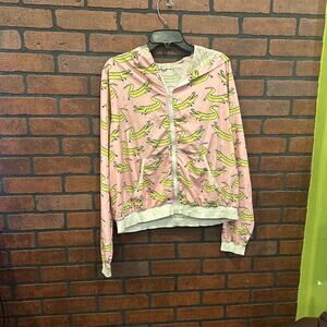F21 Lightweight Thin Hoodie Pink With Lime Green Alligators White Trim Sz 2X
